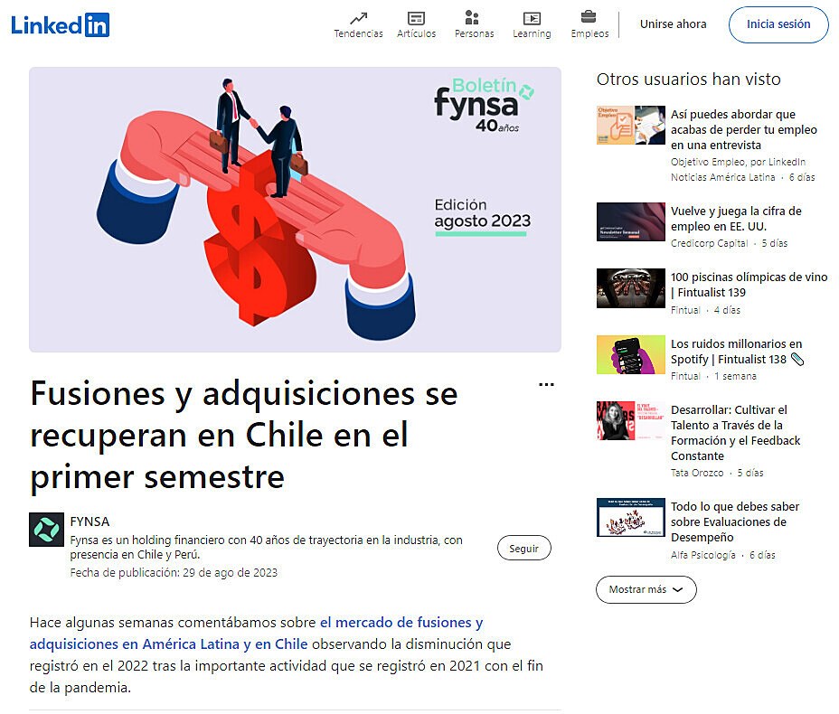 Fusiones y adquisiciones se recuperan en Chile en el primer semestre